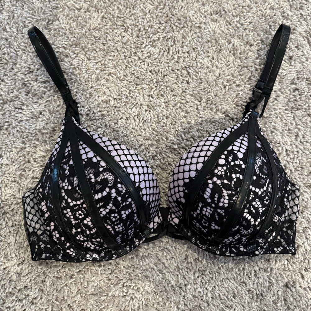 Victoria's Secret Bombshell black and light purple lace and leather push up bra